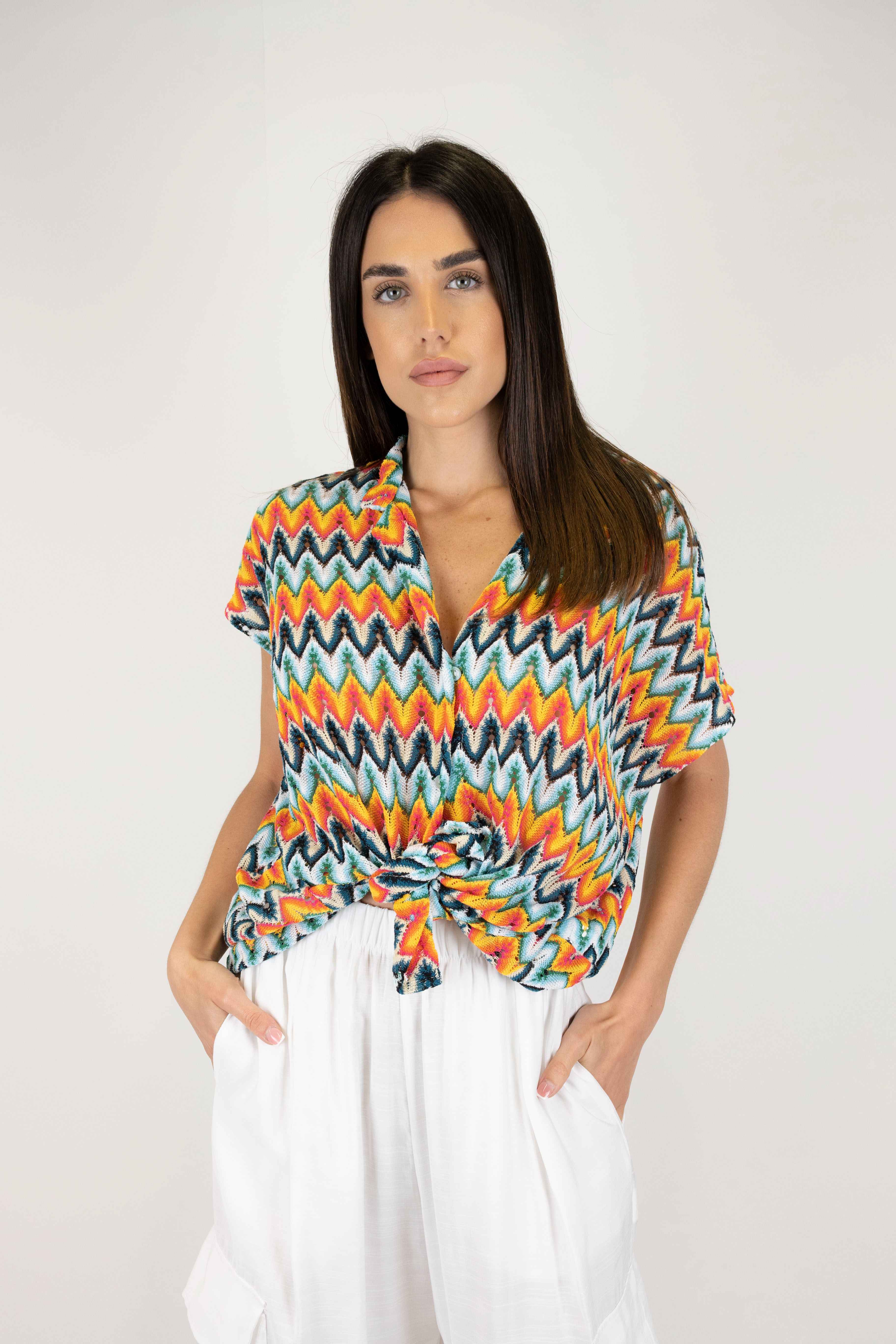 Haveone - Oversized half-sleeved shirt with multicolor zig zag pattern