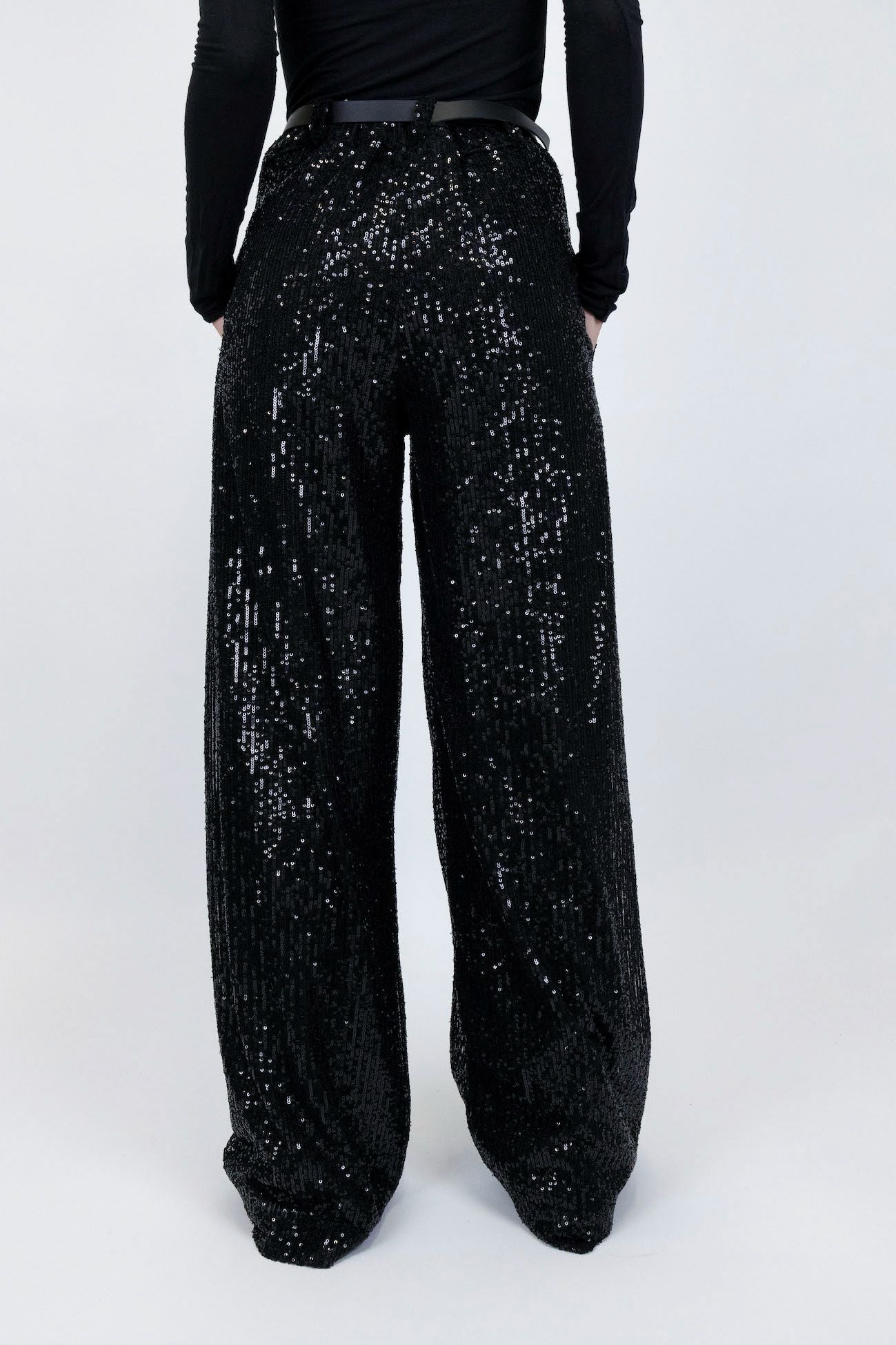 Tension in - Sequined palazzo trousers with leather belt