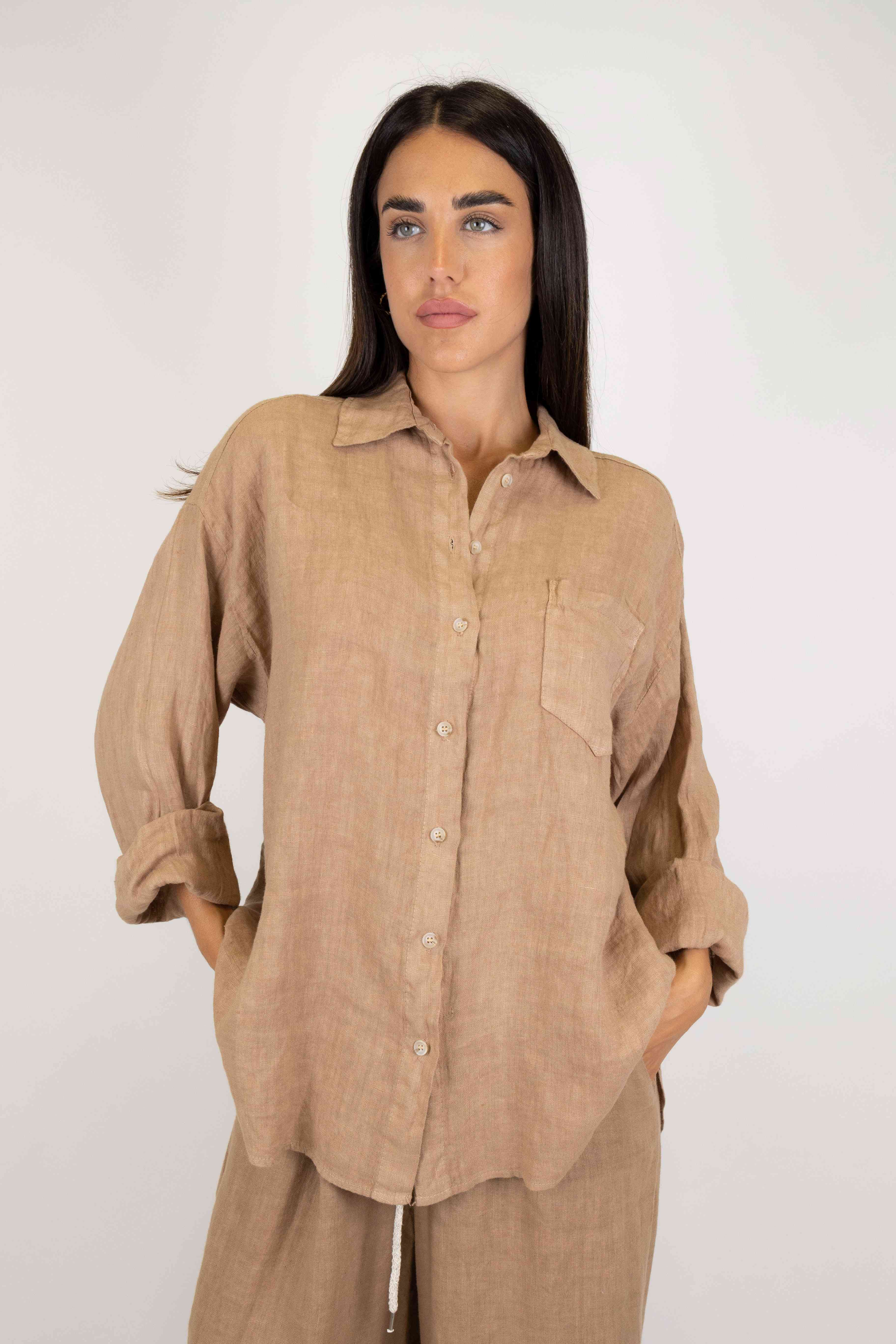 Tension in - Solid color linen shirt with pocket