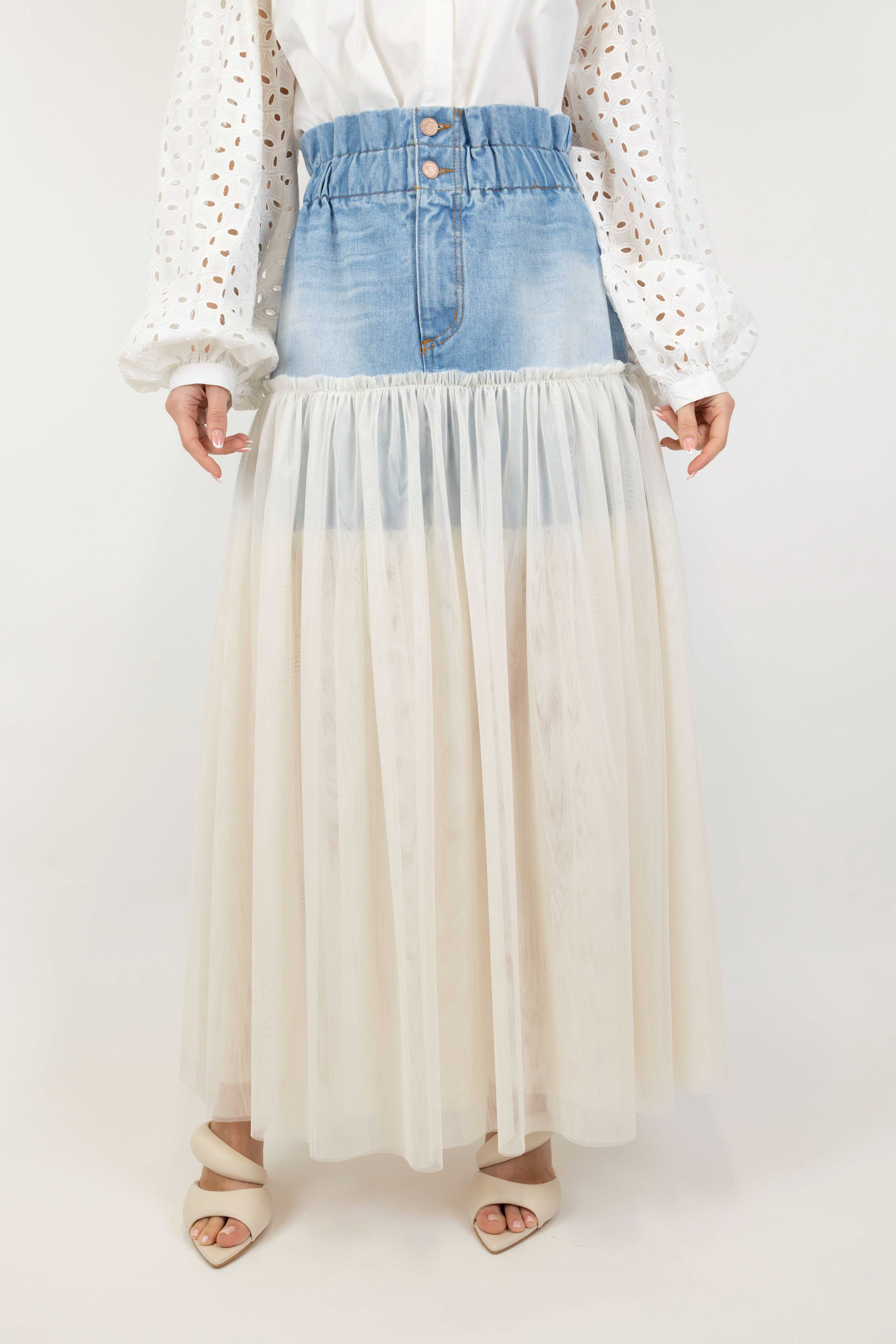 Tension in - High-waisted skirt in denim and tulle