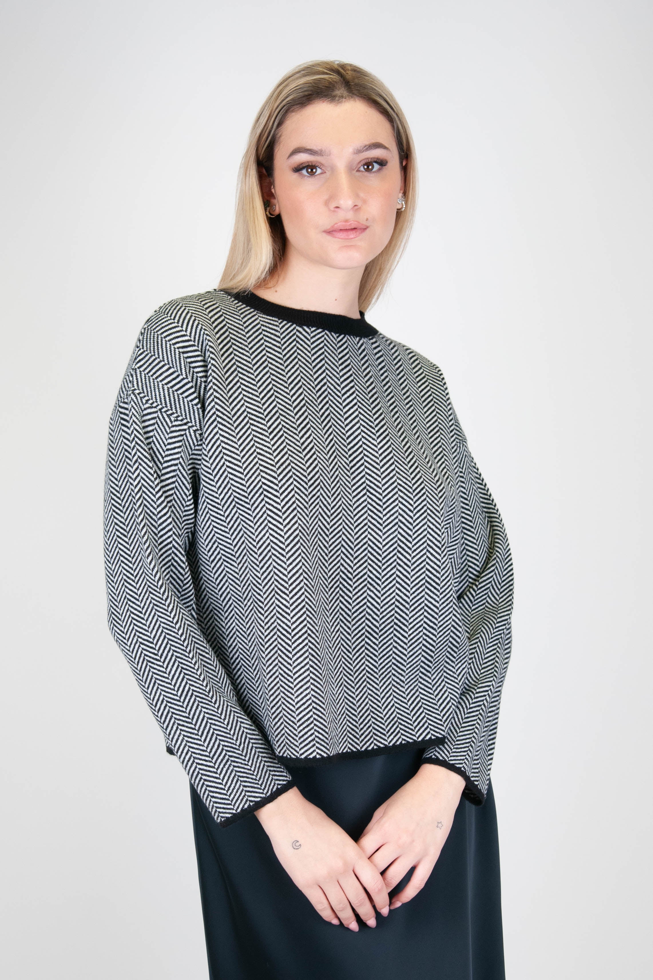 Tension in - Herringbone pattern crew-neck sweater in wool blend