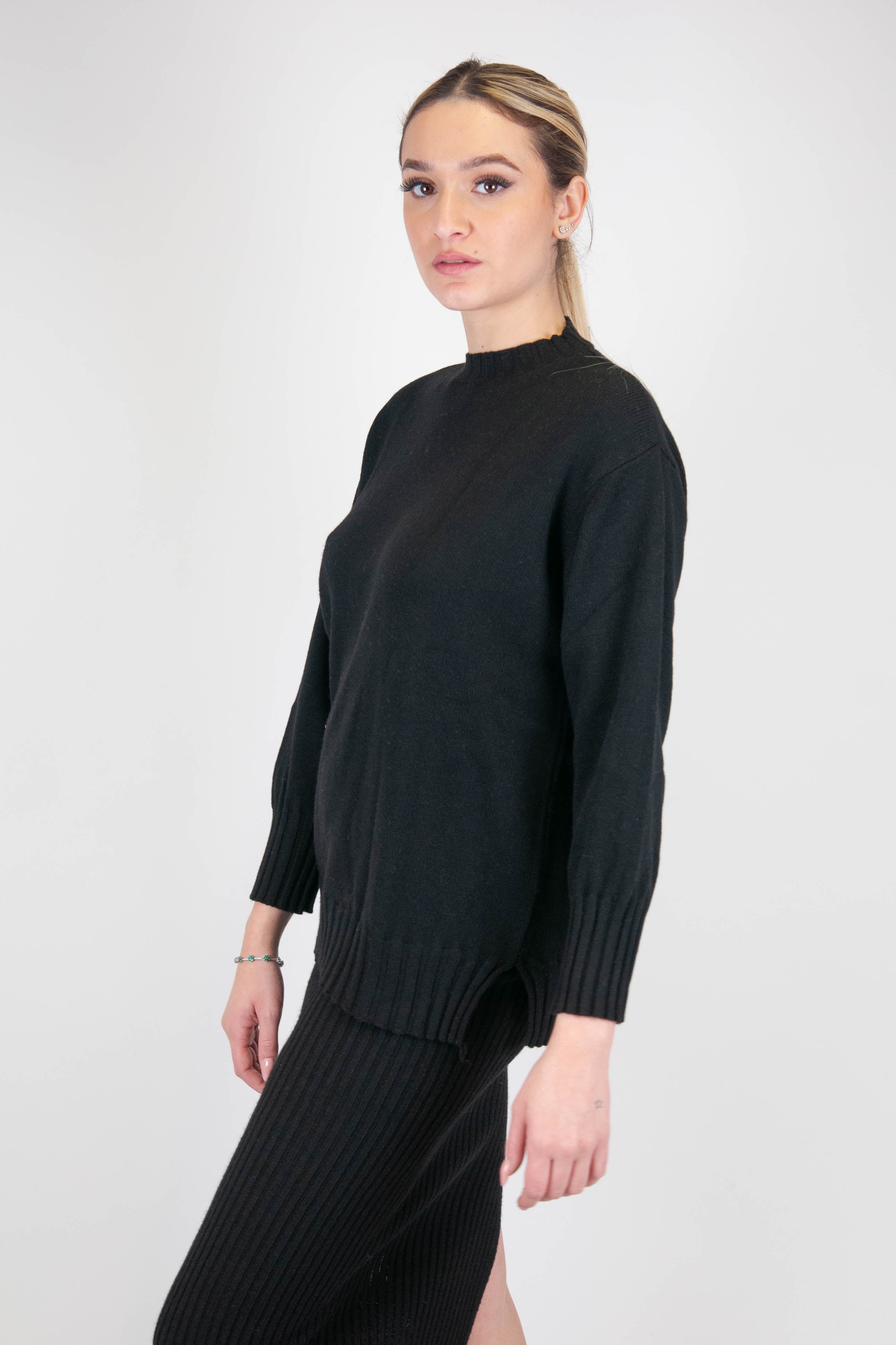 Haveone - Maglia girocollo con spacchi laterali in misto lana e cashmere