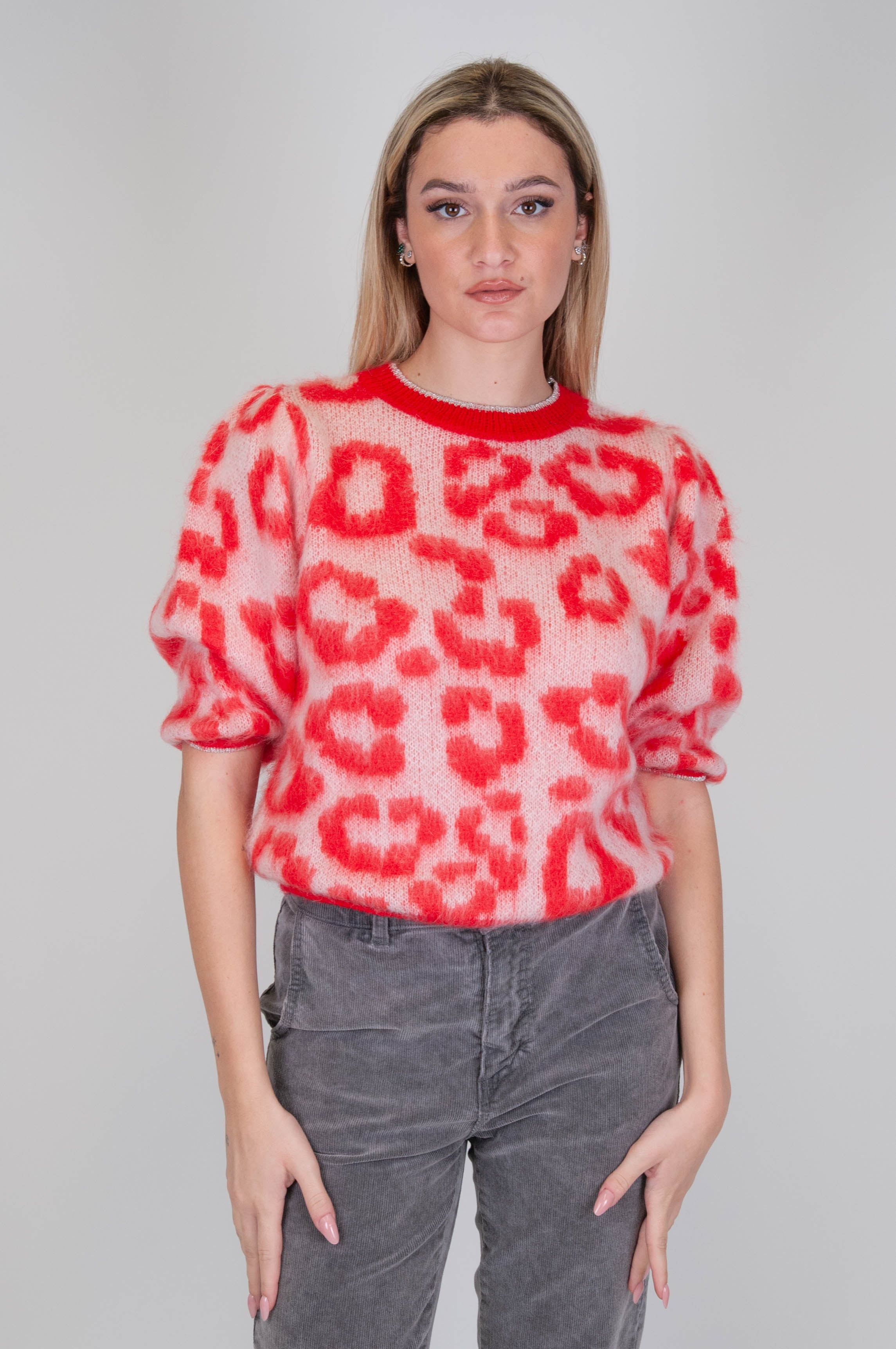 Tension in - Animal print round neck sweater with lurex profiles in wool blend