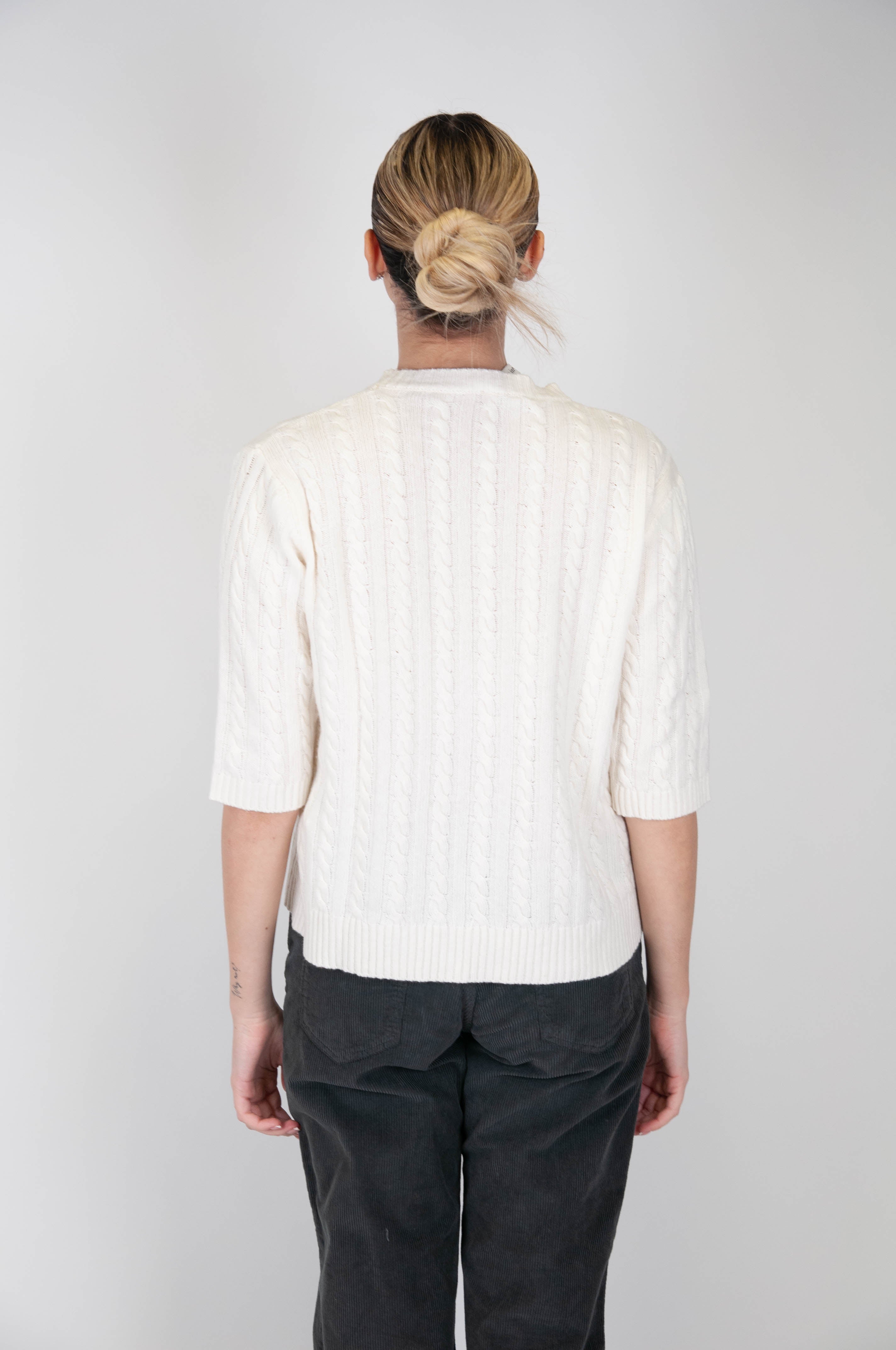 Tension in - Crew-neck sweater with 3/4 sleeve cashmere blend cables