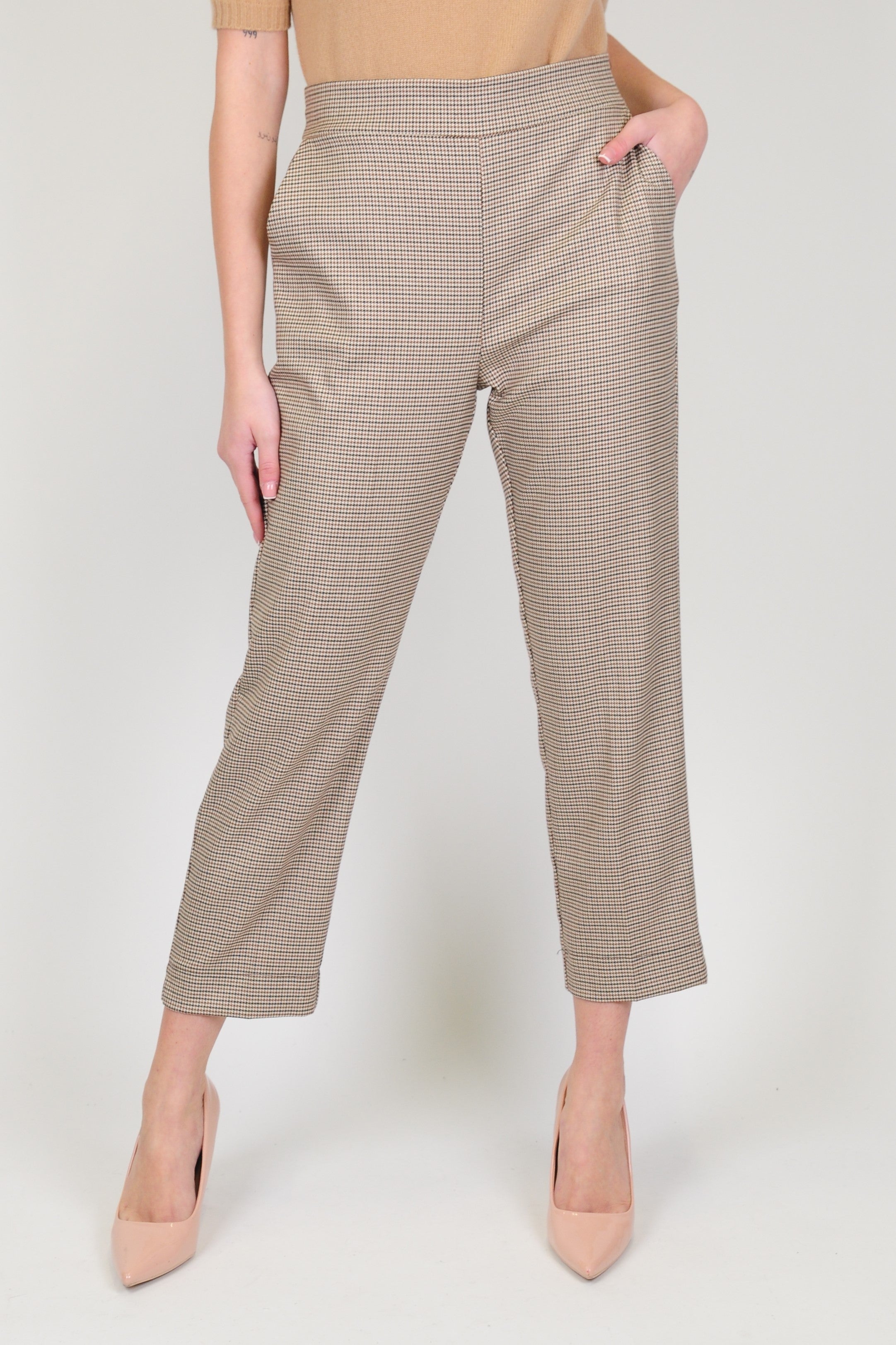 Maryley - Micro houndstooth patterned trousers with elastic