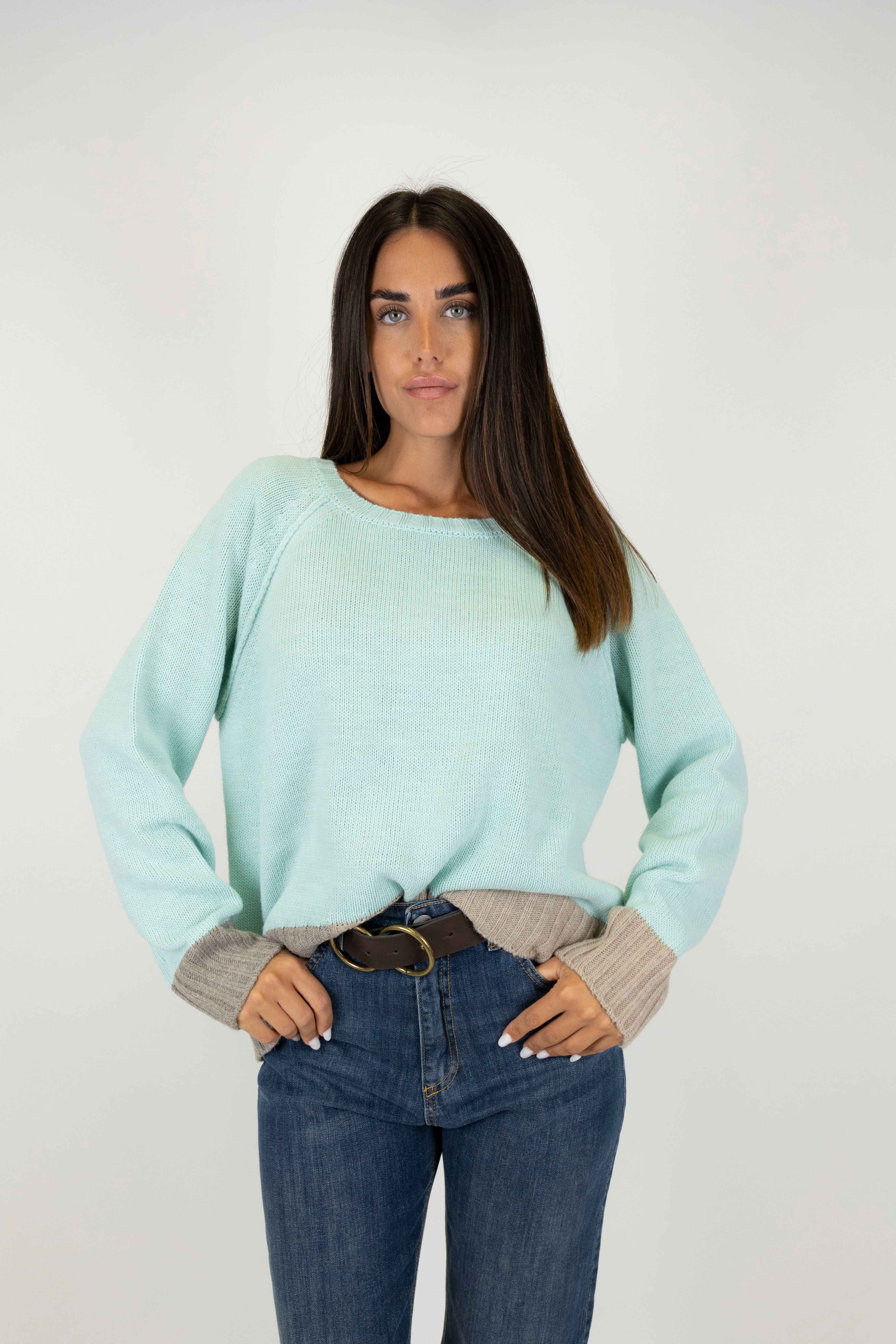 Tension in - Oversized crew-neck sweater in wool blend with contrasting bottom