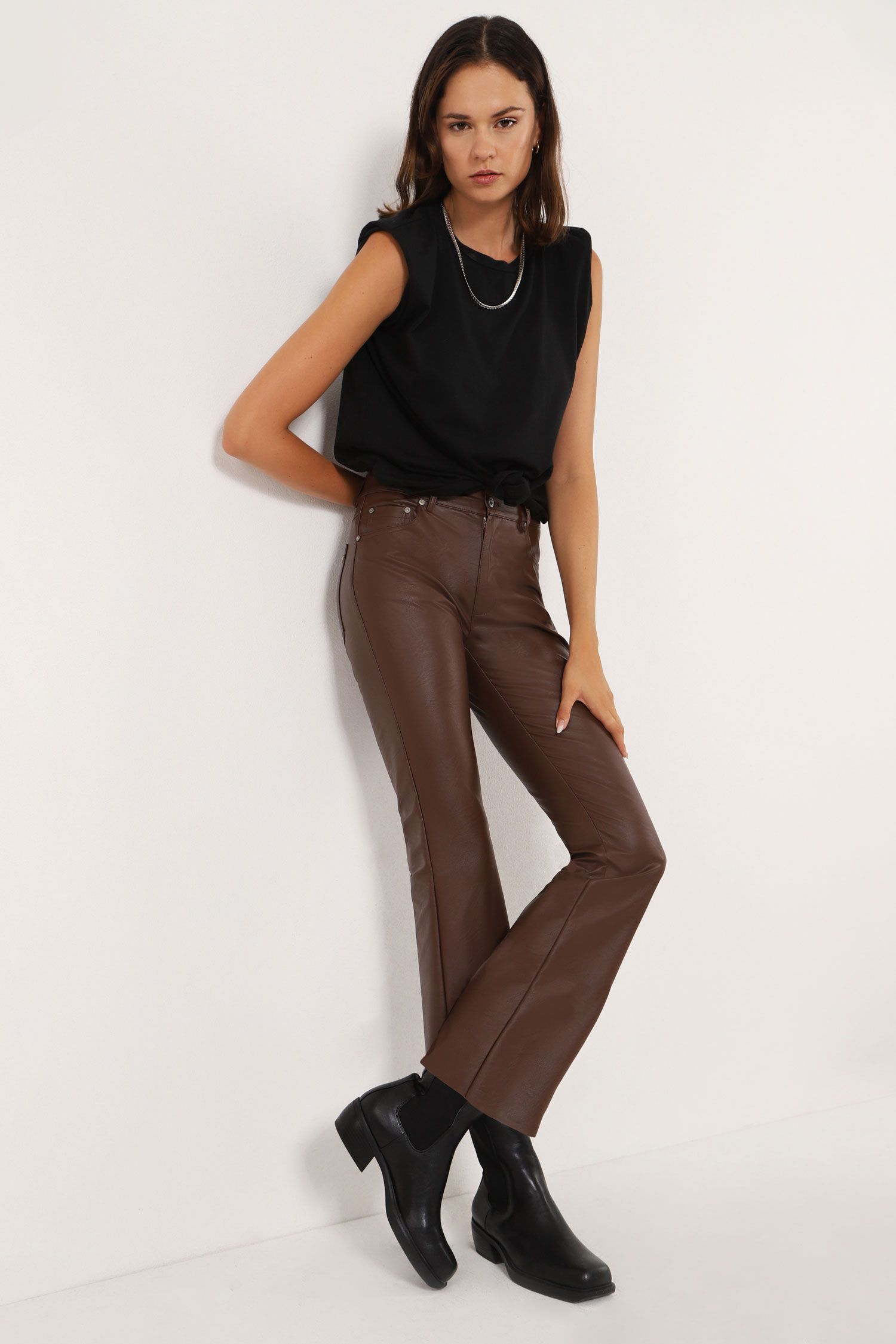 Please - Faux leather trumpet trousers