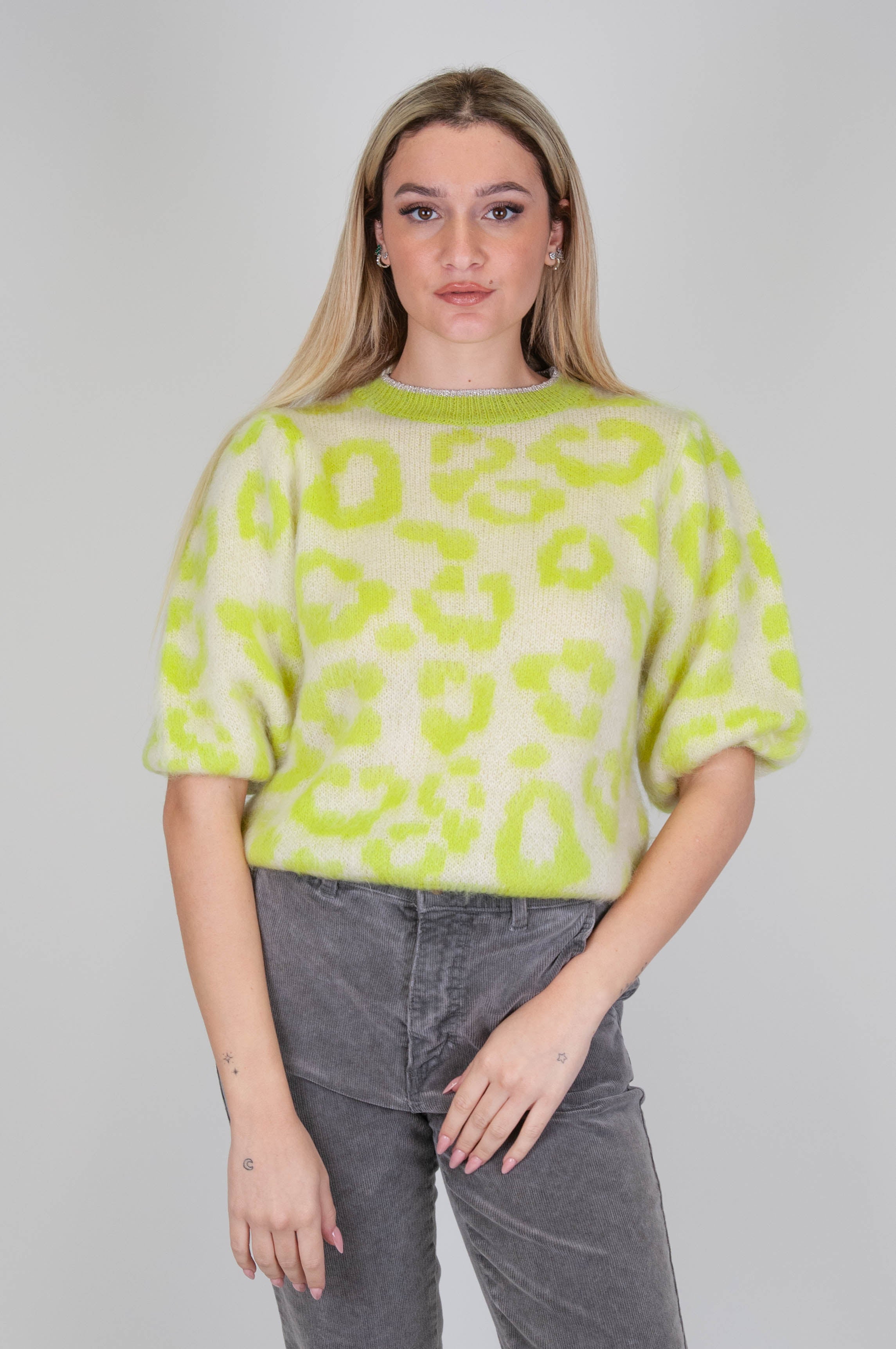 Tension in - Animal print round neck sweater with lurex profiles in wool blend