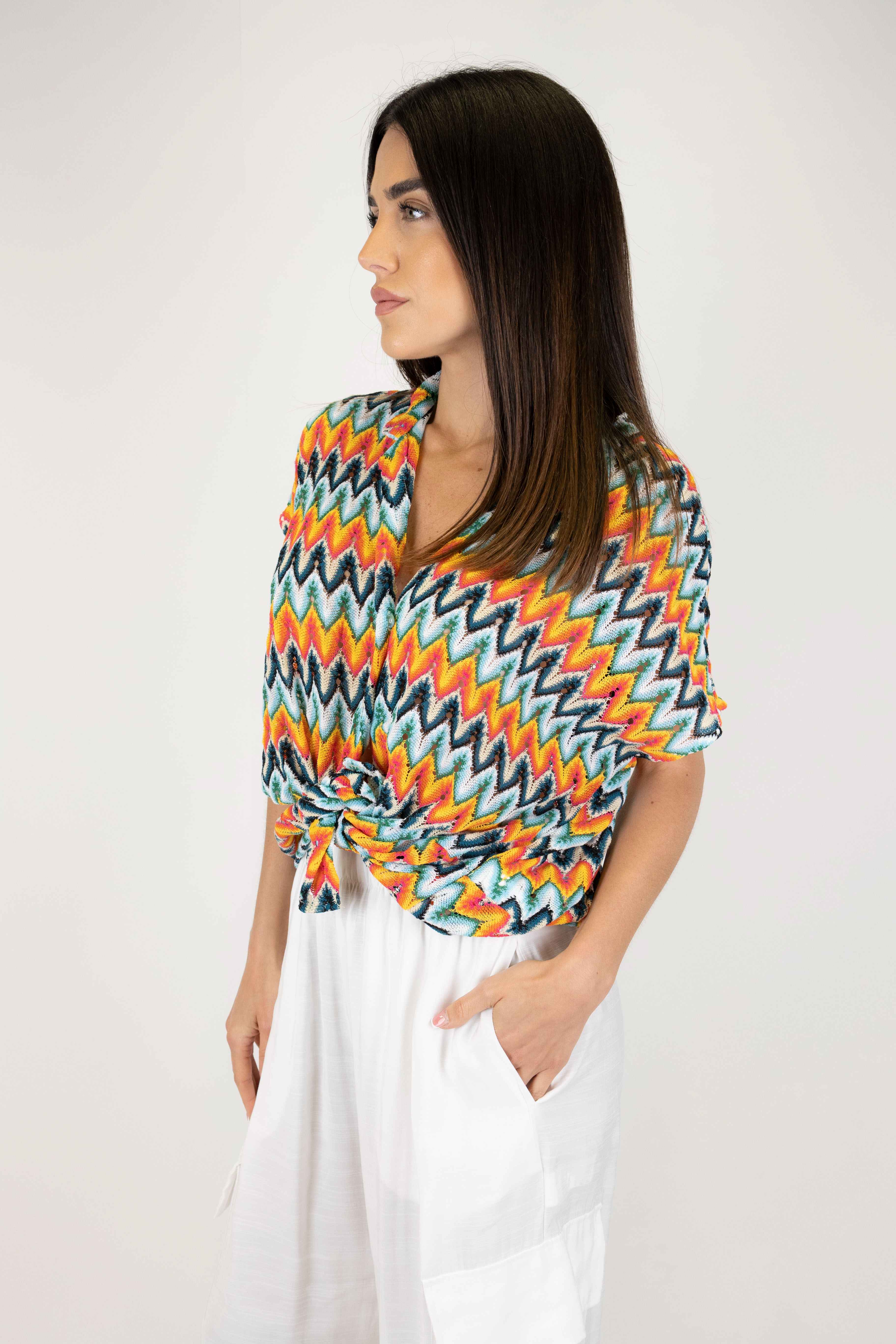 Haveone - Oversized half-sleeved shirt with multicolor zig zag pattern