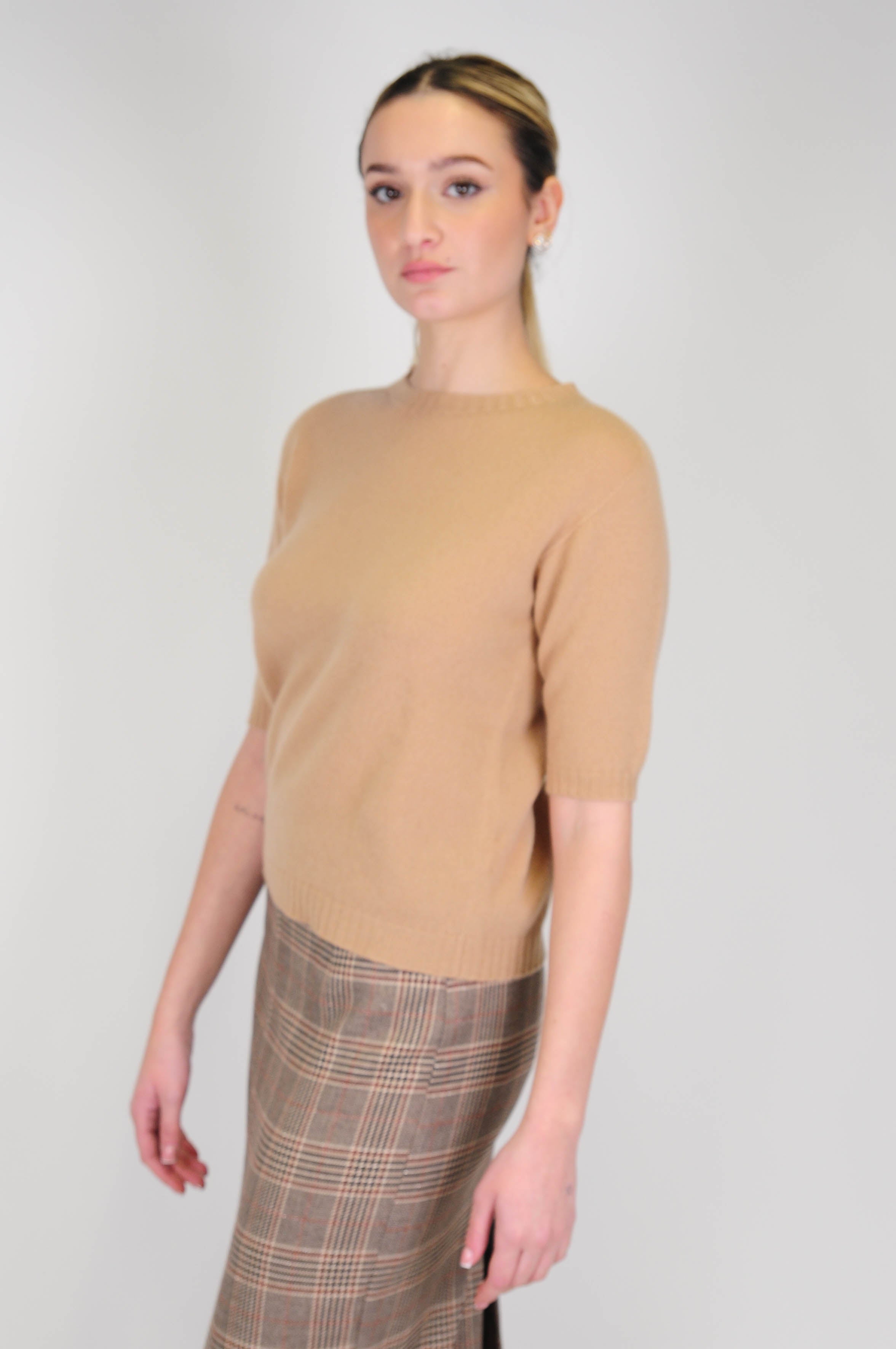 Tension in - Half-sleeved crop sweater in cashmere blend