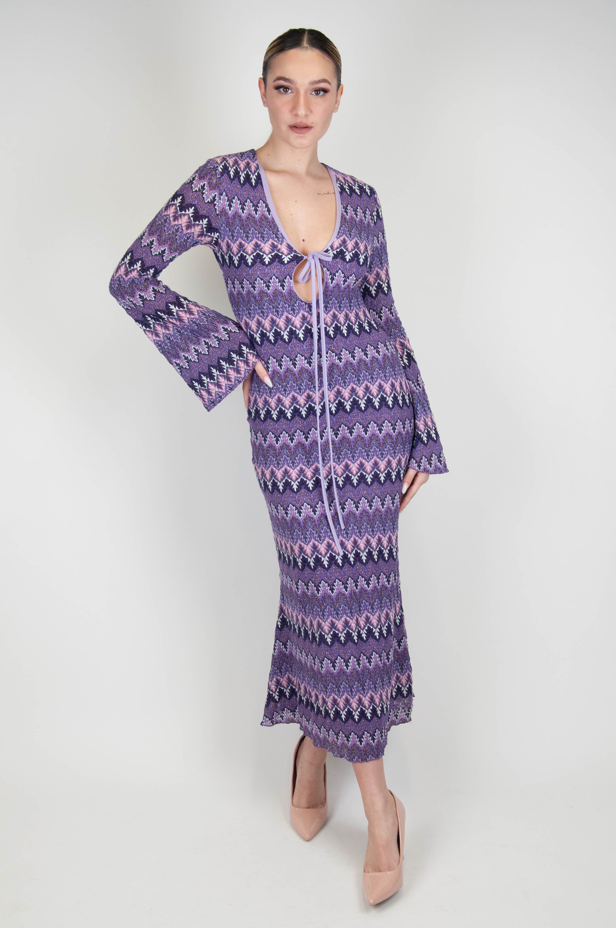 Haveone - Long flared dress with zig zag pattern