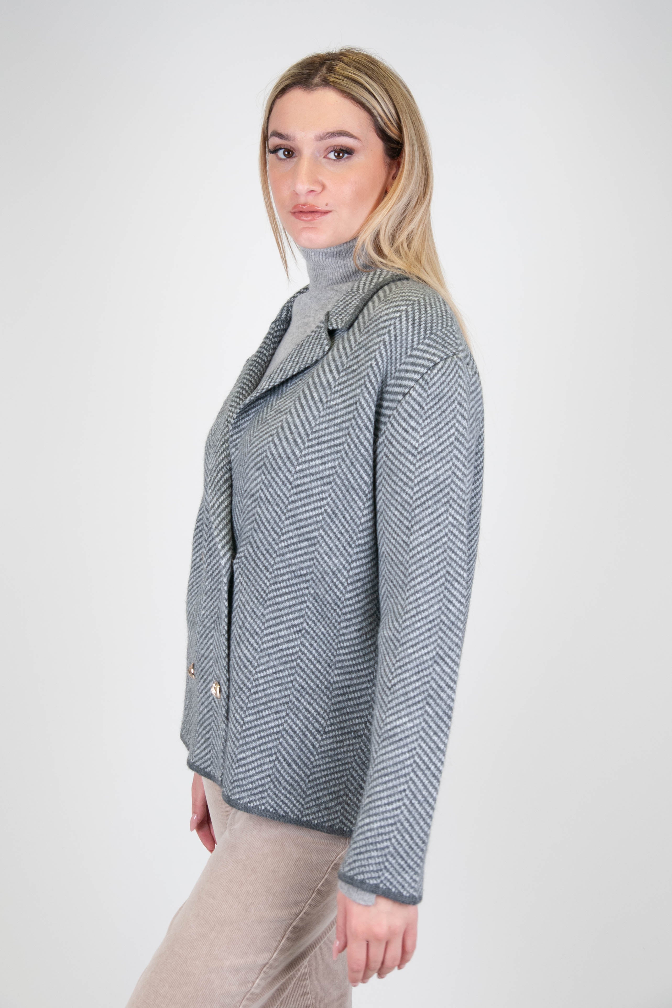 Tension in - Double-breasted wool blend jacket with golden herringbone pattern buttons