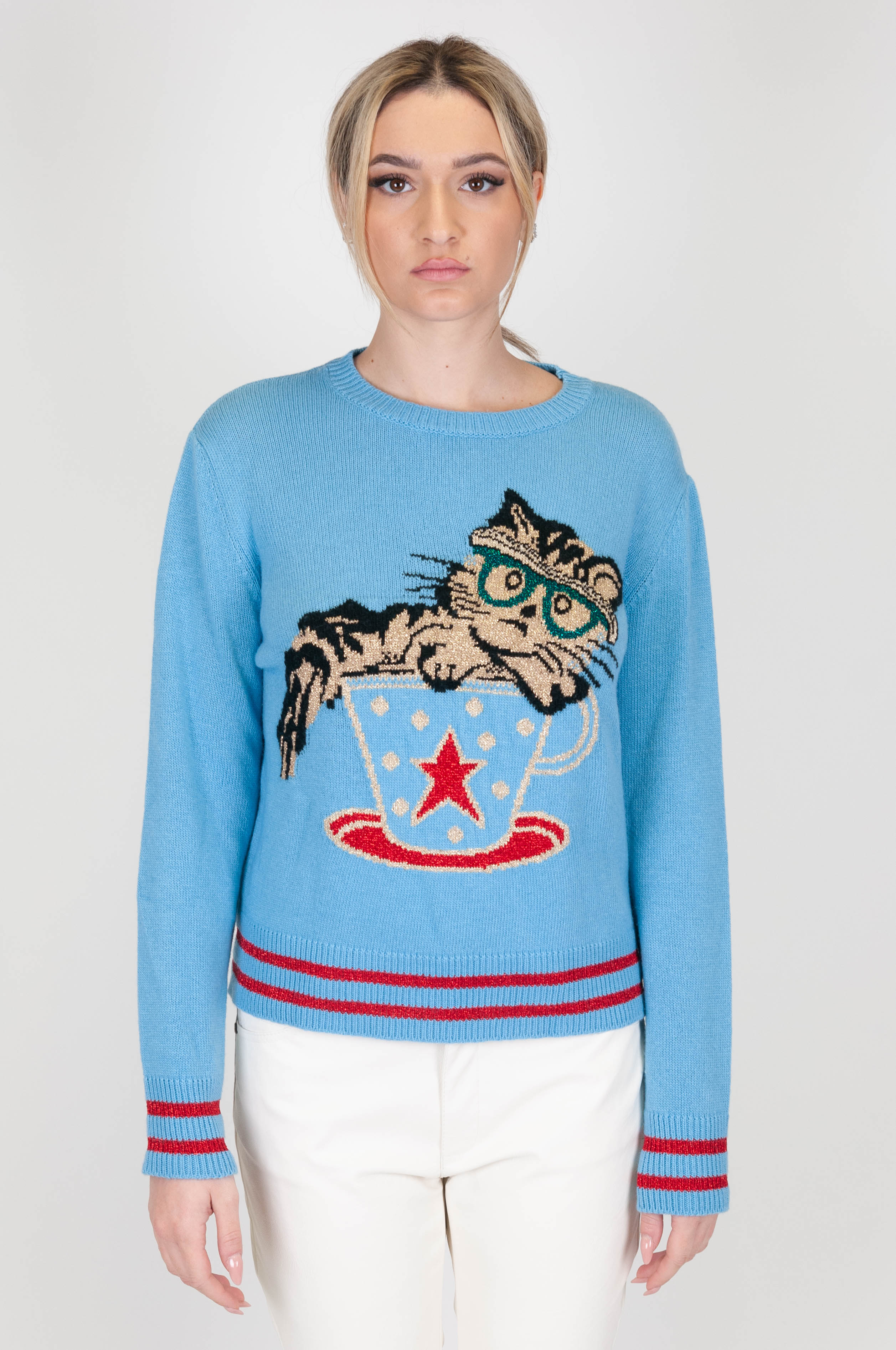 Motel - Maglia girocollo con gatto lurex in misto cashmere