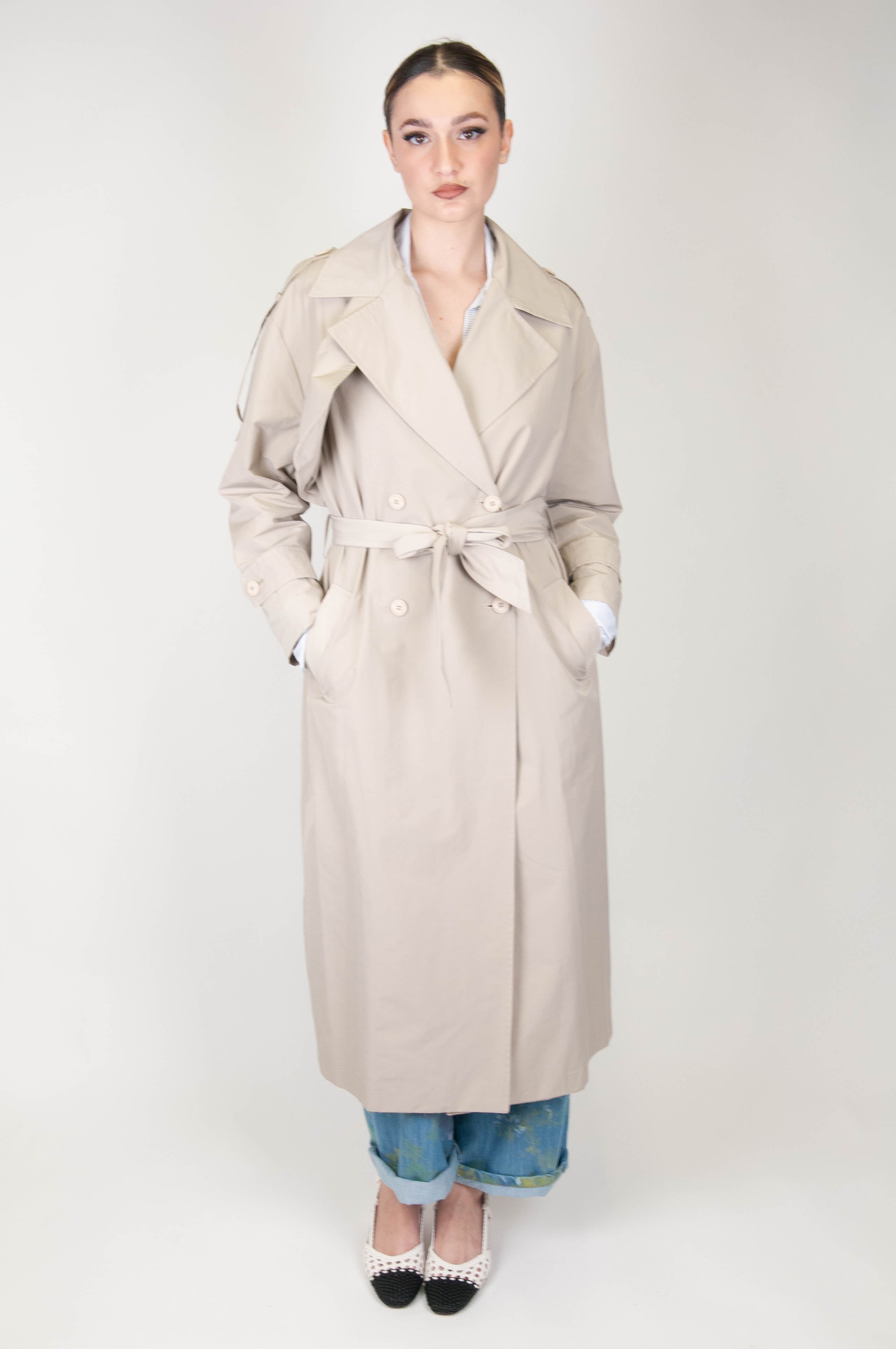 Haveone - Double-breasted trench coat with fabric belt