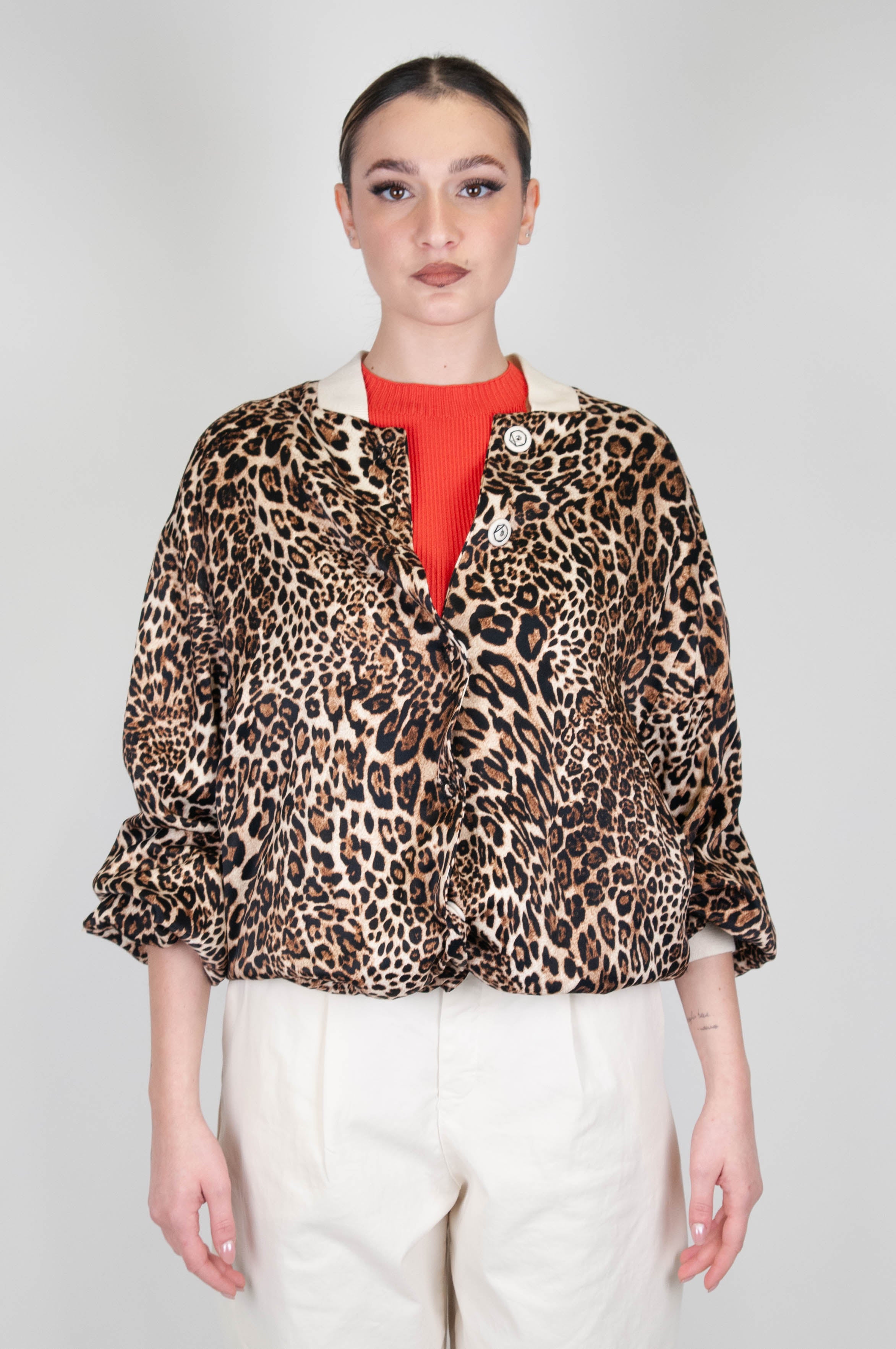 Tension in - Animal print bomber jacket with mandarin collar and zip closure